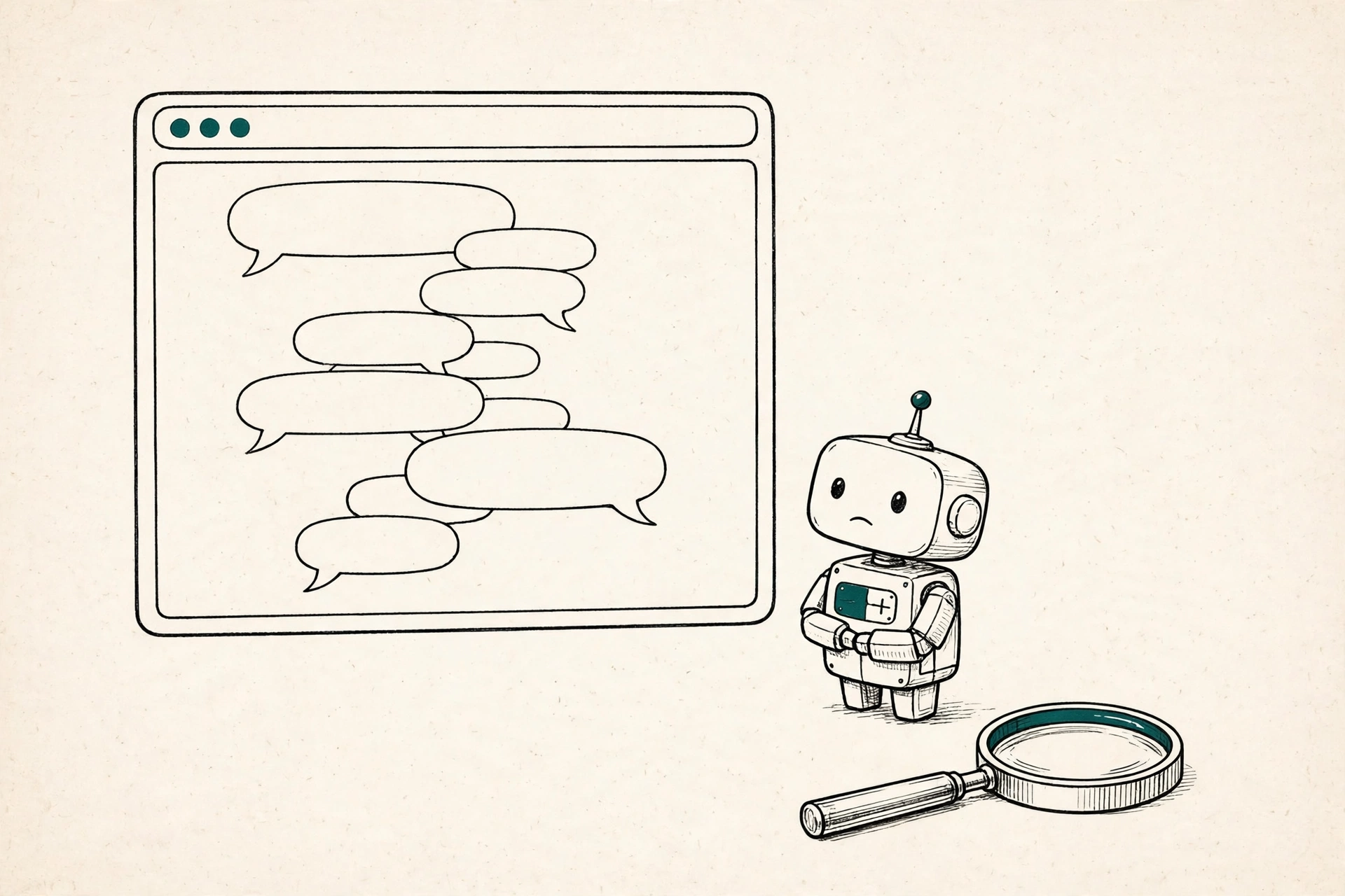 Ink illustration of a chat window, a small robot, and a magnifying glass